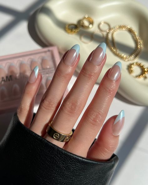 Baby blue chrome almond frenchies... yes please!!! 🤭🩵⁠ ⁠ @leannekduong wearing Blueberry Icing 🛍️ Baby Blue Chrome French Tip Nails, Blue Chrome French Nails, Blue French Tip Chrome Nails, Blue Chrome French Tip Nails, Baby Blue Almond Nails, Almond Frenchies, Baby Blue Chrome Nails, Baby Blue Chrome, Blueberry Icing