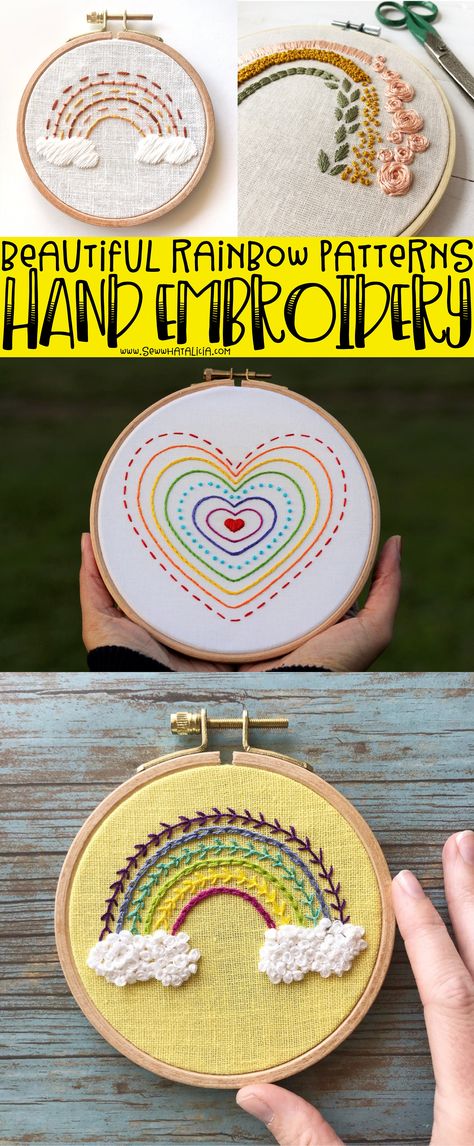 Click through for a huge list of beautiful rainbow hand embroidery patterns. Hand embroidery is a great hobby and perfect for passing the time! Embroidery Patterns Rainbow, Embroidery Rainbow Ideas, Hand Embroidered Rainbow, Embroidery Rainbow Pattern, Baby Embroidery Ideas, Baby Embroidery Patterns, Rainbow Embroidery Pattern, New Baby Embroidery, Cross Stitch Embroidery Designs