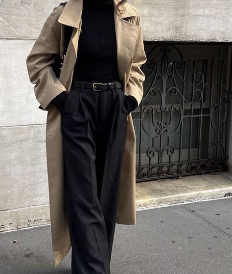 Trench Coat Vintage Outfit, Female Trench Coat Outfit, Womens Trenchcoat Outfit, Minimal Academia Outfit, Trench Coats Aesthetic, Style Coat Outfit Ideas, Fancy Trench Coat Outfit, Turtleneck Trench Coat Outfit, Trench Cardigan Outfit