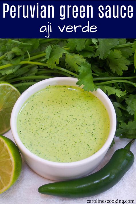 Aji verde, often called Peruvian green sauce elsewhere, is wonderfully easy and flavorful. It gets it's color from cilantro and has a little kick from aji amarillo, a popular Peruvian chili. So good. #chili #peruvianfood #peruviansauce Green Sauce Peruvian, Pollo Inka Green Sauce, Pepitas Green Sauce, Peruvian Chimichurri Sauce, Aji Verde Sauce Recipes, Peru Green Sauce, Mexican Green Chili Sauce, Ahi Verde Peruvian, Aji Peruvian Green Sauce