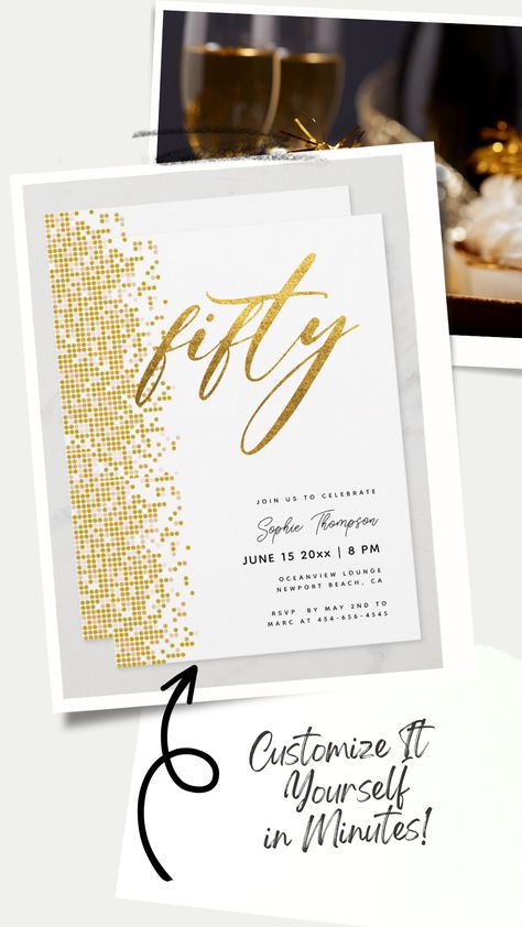 White Gold Geometric Glitter Elegant 50th Birthday Invitation for Women 50 Birthday Invitation For Women, White And Gold Invitations, 50th Birthday Invitations For Women, Women Template, Gold Theme Party, Babies Rooms, Fiftieth Birthday, 50th Birthday Invitation, Black And Gold Theme