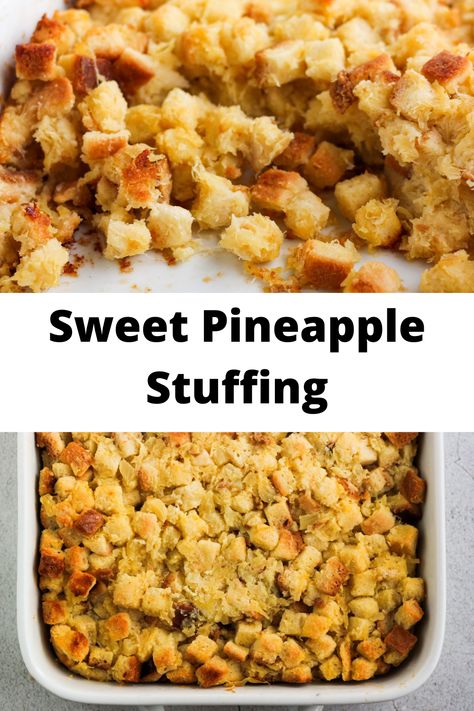 Sweet, soft stuffing with chunks of pineapples throughout, and some crispy cubes of bread sneak in there on the top. A sweet stuffing is exactly what you never knew you needed and once you have it, you will never be able to live without. #sidedish #holidayrecipe #holidaysidedish #sweetstuffing #stuffing Pineapple Stuffing Recipe, Pineapple Stuffing, Brown Sugar Ham, Cooked Pineapple, Pineapple Bread, Stuffing Mix, Holiday Side Dishes, Easy Comfort Food, Cheesy Recipes