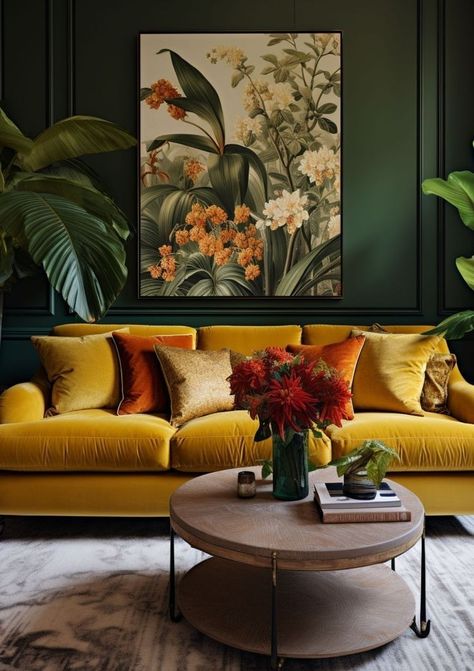 Green Room Yellow Sofa, Yellow And Brown Living Room Ideas, Gold Sofa Living Room Ideas, Mustard Yellow Couch Living Rooms, Mustard Yellow Sofa Living Room, Mustard And Green Living Room, Green And Mustard Living Room, Mustard Sofa Living Room, Mustard Couch Living Room Ideas