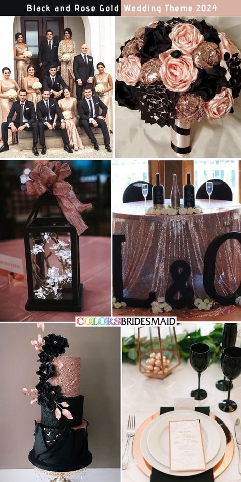 Black Wedding Dress Gold Bridesmaids, Wedding Theme Party Ideas, Dusty Pink Black And Gold Wedding, Black Gold And Rose Gold Wedding, Wedding Colors Black And Rose Gold, Black Cream Rose Gold Wedding, Light Pink Black And Gold Wedding, Red Black And Rose Gold Wedding, Black Gold And Peach Wedding Decor