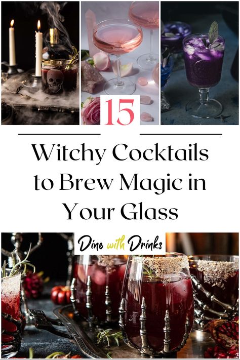 Collage of 4 witchy cocktails. Fancy Halloween Cocktails, Witch Cocktail Recipe, Tarot Card Cocktails, Classy Halloween Cocktails, Witch Themed Drinks, Witchy Alcoholic Drinks, Halloween Party Beverages, Spooky Mock Tails, Samhain Drinks