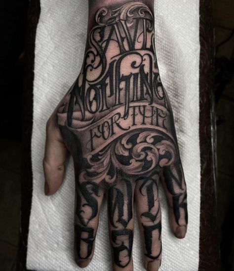 D_World_Of_Ink on Instagram: “🔹@bigmeas - WOW 😯 - “Save Nothing For The Swim Back” ➖➖➖➖ d_world_of_ink” Road Sign Tattoo Ideas, Script Hand Tattoo, Personal Tattoos, Ab Tattoo, Tattoo Thoughts, Skull Hand Tattoo, Script Tattoo, Chicano Lettering, Chicano Style