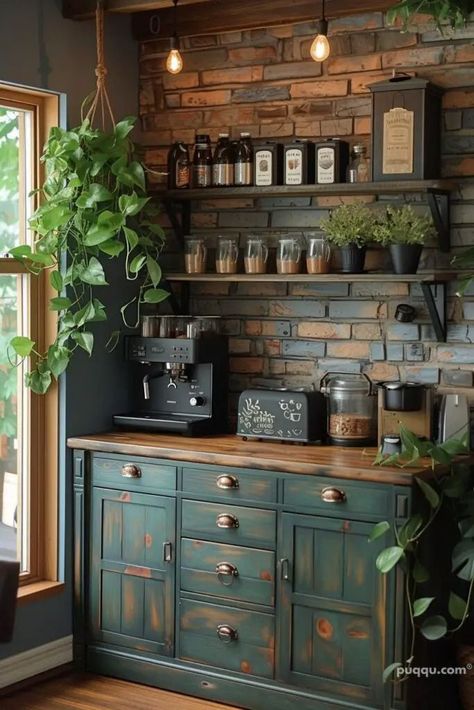 Corner Bar In Kitchen, Cafe Bar Design Home, Kitchen Tea Coffee Station, Coffee Shelf Ideas Small Spaces, Aesthetic Home Bar, Coffee Home Bar, Coffee Bar Cabinet Ideas Diy, Dark Academia Coffee Bar, Coffee Bar Ideas For Cafes