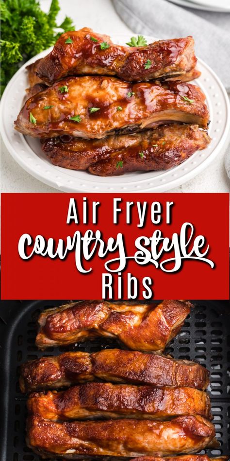 Air Fryer Country Style Ribs are one of my new favorite ways to make ribs! Skip the oven and the grill with this quick and easy recipe that works perfectly every time. Easy Ribs In Air Fryer, Country Pork Ribs Recipes Air Fryer, Air Fryer Country Style Ribs Bone In, Air Fry Pork Ribs Recipe, Air Fryer Bbq Ribs Recipe, Country Pork Ribs Air Fryer, Ribs In The Air Fryer Oven, Pork Ribs In Air Fryer Oven, Air Fried Ribs Recipe