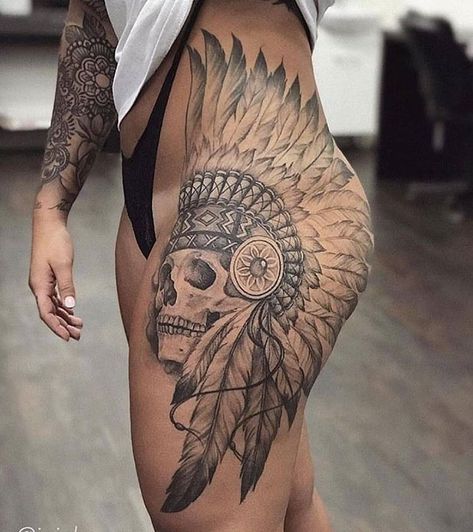 Women’s Back Tattoo Cover Up, Leg Skull Tattoos Women, Indian Skull Tattoos For Women, Indian Headdress Tattoo Woman, Hip Skull Tattoos Women, Native Leg Sleeve Tattoo, Native American Tattoos Thigh, Native American Hip Tattoos Women, Indian Hip Tattoo