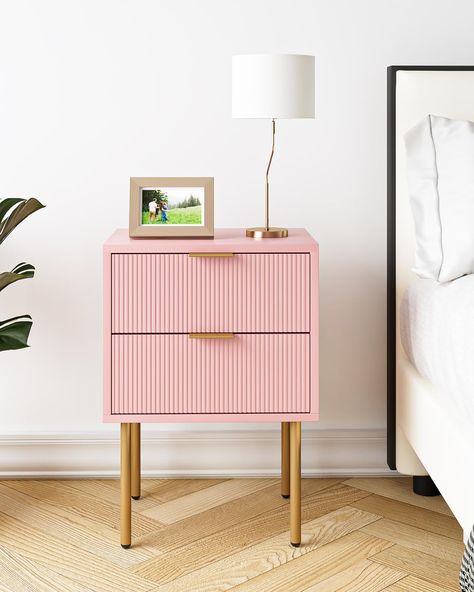 Bright Bedside Table, Pink Nightstand Aesthetic, Peach Bedside Table, Cute Bedside Tables, College House Bedroom, Pink Bedside Table, Pink Nightstand, Girl Bedside Table, Pink Bedside Tables