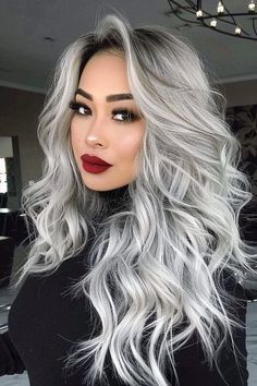 Long Black And Silver Hair, Dark Gray Ombre Hair, Long Black Hair With Gray Highlights, Highlights Grown Out, Ice Grey Hair, Silver Brunette Hair, Silver Hair With Shadow Root, Red And Grey Hair, Silver Hair Women