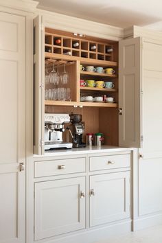 Desk Remodel, Black And White Kitchen Cabinets, Hampstead House, Wine Station, Reno Kitchen, Kitchen Pantry Cupboard, Modern Pantry, Coffee Stations, Desain Pantry