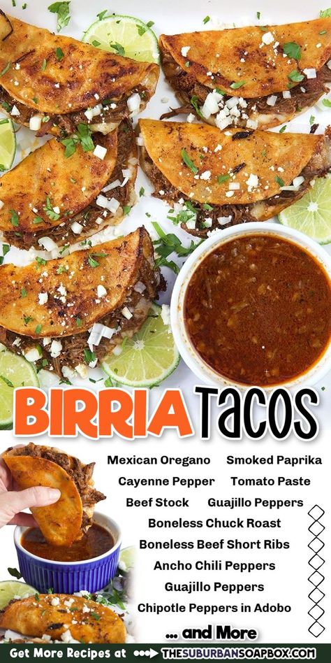 beef birria tacos on a white platter with a bowl of consomme. Ingredient list for tacos. Barbacoa Birria Tacos, Birria Taco Consume, Carne Asada Birria Tacos, Stovetop Birria Tacos, Cheesy Birria Tacos, Birra Beef Tacos Recipe, Briar Tacos, Brio Tacos, Steak Birria Tacos