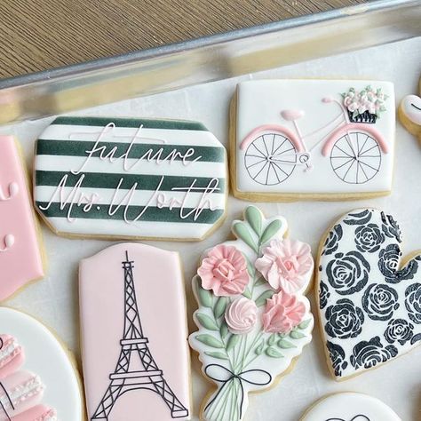 Utah Custom Royal Icing Cookies on Instagram: "Paris themed bridal shower 🖤🤍💕 . . . #cookies #royalicing #royalicingcookies #victoriascookiecompany #customsugarcookies #sugarcookies #utahcustomcookies #utahbaker #utahroyalicingcookies #decoratedcookies #cookieart #satisfying #mouthwatering #baking #cookiedecorating #utahcookies #cookieartist #birthdaycookies #eventcookies #cookiesofinstagram #utahcountycookies #pariscookies #bridalshowercookies #bachelorettecookies #floralcookies" Paris Themed Cookies Royal Icing, Brunch Bridal Shower Cookies, French Themed Cookies, Paris Themed Cookies, Paris Cookies Decorated, Parisian Cookies, Paris Themed Bridal Shower, Caroline Birthday, Travel Cookies