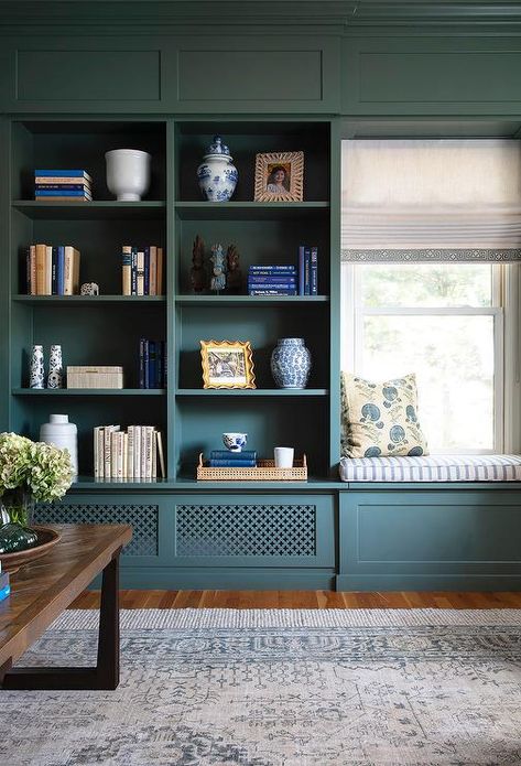 Green Den Built Ins with Bench - Traditional - Den/library/office Farrow And Ball Green, Green Bookshelves, Erin Gates Design, Den Library, Family Friendly Living Room, English Library, Library Office, Living Tv, Erin Gates