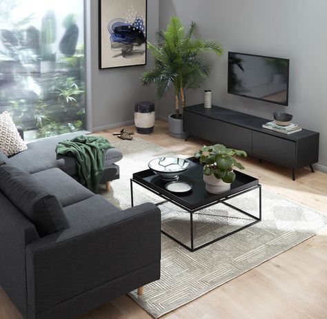 Black Sofa Ideas, Dark Grey Black And Gold Living Room, Temple And Webster, Black Couch Living Room Ideas Apartments, Black And Dark Green Living Room, Black Sofa Living Room Ideas, Dark Grey Couch Living Room Decor, Dark Sofa Living Room Ideas, Black White And Gray Living Room