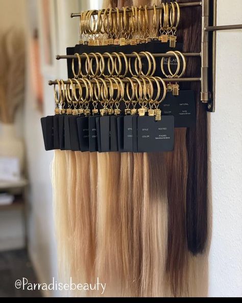 Extension Storage Hair, Hair Extension Retail Display, Salon Extension Organization, Hair Extension Rack, Salon Hair Extension Wall, Hair Extension Hanger, Hair Extensions Display Wall, Hair Extension Display Rack, Salon Drink Station Ideas