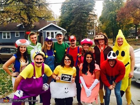 Mario Team Costume, Mario Party Group Costume, Mario Brothers Group Costumes, Mario Bros Group Costume, Womens Super Mario Costume, Mario Party Halloween Costumes, Final Lap Mario Kart, Mario Group Halloween Costumes, Final Lap Costume Mario Kart Diy