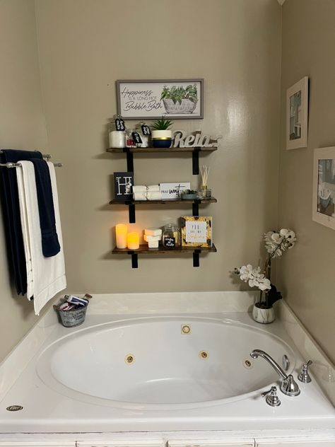 Wall Art Over Bathtub, Wall Above Bathtub Decor, Decor Above Tub Wall, Above The Bathtub Decor, Bathtub Shelf Decor, Bath Tub Wall Decor, Wall Decor Above Tub Master Bath, Bathtub Ledge Decor, How To Decorate A Garden Tub