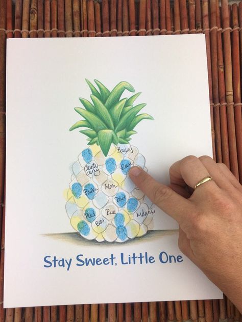 Beach Baby Shower Ideas, Pineapple Baby Shower Theme, Pineapple Nursery, Beach Baby Shower Theme, Finger Print Tree, Surfer Baby Shower, Hawaiian Baby Shower, Baby Shower Fingerprint, Hawaiian Baby Showers