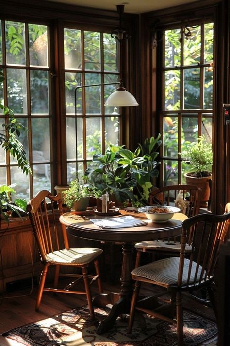 Green Breakfast Nook, Moody Dining Room, Modern Breakfast Nook, Dark Dining Room, Cozy Dorm Room, Breakfast Nook Ideas, Log Cabin Rustic, Breakfast Nooks, Nook Ideas