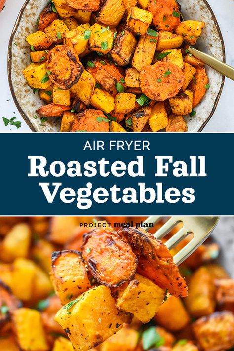 Featuring butternut squash, carrots and sweet potatoes, these Air Fryer Roasted Fall Vegetables make a superb seasonal side dish for two. These veggies are flavorful, simple to make, and perfectly roasted in the air fryer! ProjectMealPlan.com Butternut Squash Sweet Potato Recipes, Carrots And Sweet Potatoes, Roasted Fall Vegetables, Fall Veggies, Cut Butternut Squash, Acorn Squash Recipes, Roasted Vegetable Recipes, Fall Vegetables, Roasted Squash