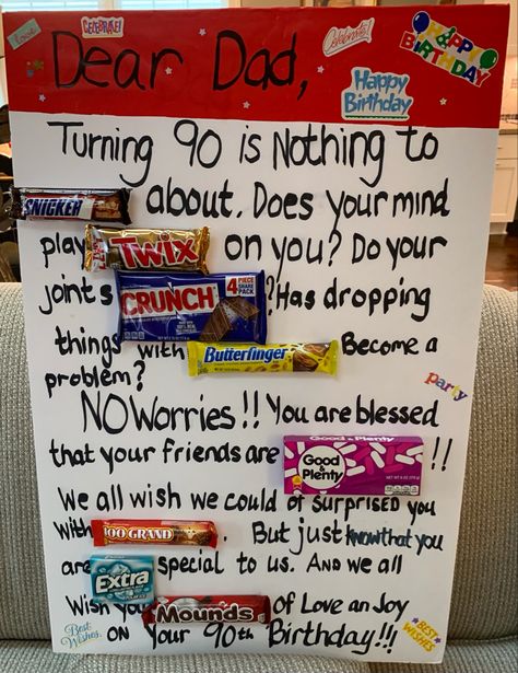 90th Birthday Candy Bar Poster, Ideas For 90th Birthday, 90th Birthday Guest Book Ideas, 96th Birthday Party Ideas, 90th Birthday Decorations Ideas, Diy 90th Birthday Cards, 70th Birthday Party Ideas Decorations, 90th Birthday Gifts Grandpa, 90 Th Birthday Gift Ideas