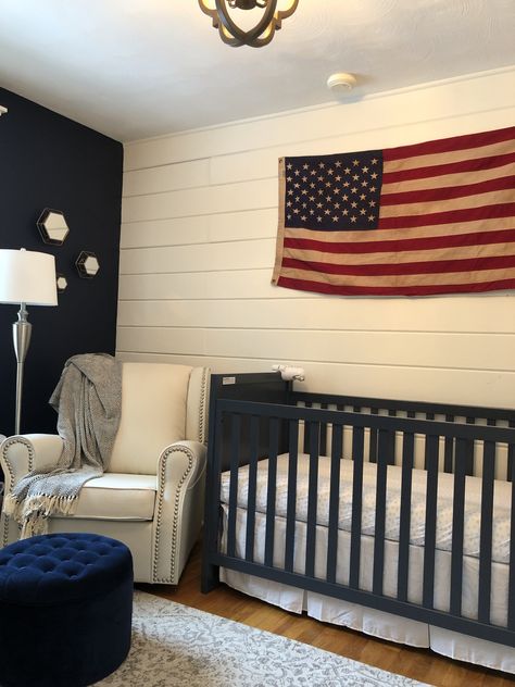 Baby Boy Nursery #boynursery #patriotic #babyboy #babyboynursery #nursery #americanflag #shiplap #shiplapwalls #diy #redwhiteandblue Patriotic Nursery, Americana Nursery, Baby Room Design Modern, Baby Room Ideas Early Years, Shiplap Nursery, Baby Room Design Boy, Pink Baby Room, Modern Baby Room, Small Baby Room