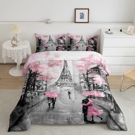 PRICES MAY VARY. Full-size Paris Bedroom Comforter Set includes 1 Eiffel Tower comforter (79 by 90 inches) and 2 pillow cases (20 by 30 inches). Machine washable and tumble dryable at low temperature for easy care. Do not bleach. Soft Fabric - Our Pink and Gray Comforter Set with premium microfiber offers exceptional softness and breathability, which brings you excellent body feelings and creates a comfortable sleep for you. The material is weaved by complicated post-grinding process. Lightweigh Paris Bedding, Paris Bedroom, Comforter Set, Cherry Blossoms, Pink Grey, Eiffel Tower, Pillow Cases, Tower, Cherry