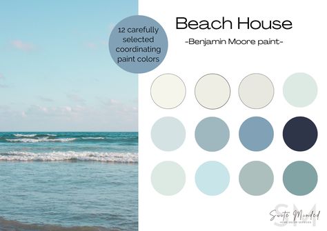 Beach House Color Palette, Beach House Paint Colors, Coastal Blue Paint, Color Palette Paint, Coordinating Paint Colors, House Palette, Coastal Palette, Calm Coastal, Coastal Paint Colors