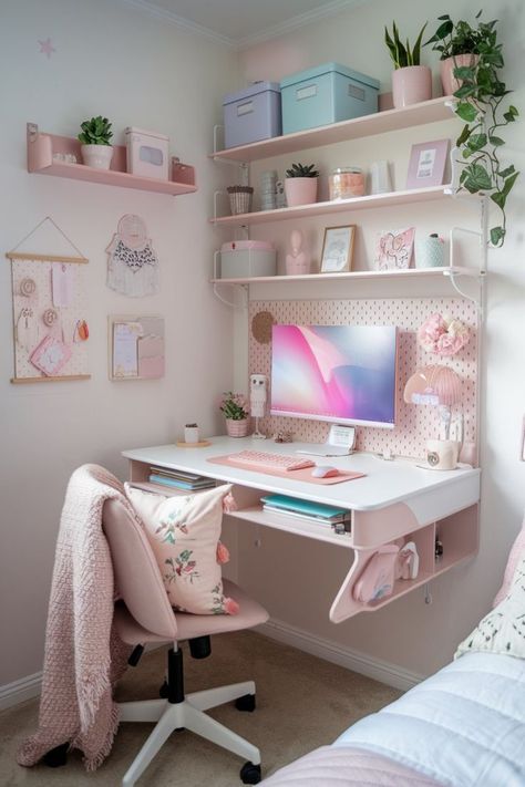 Girly gaming desk setup with LED lights and functional decor. Minimalist Study Desk, Girly Desk, Decor Small Spaces, Study Accessories, Rose Gold Accessories, Space Saving Desk, Study Desk Decor, Functional Desk, Pastel Decor