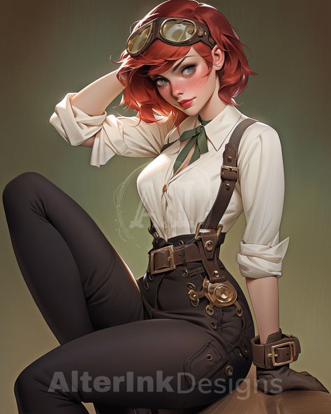 Transform any room into a sci-fi, Steampunk dreamland with our Steampunk Ginger Hair Woman 10 Piece Bundle digital download. This anime-inspired digital painting features beautiful female characters and combines SciFi and Steampunk elements to create a captivating and unique artwork. Steampunk Woman Character Design, Steampunk Clothes Drawing, Ginger Hair Female, Steampunk Character Design Female, Ginger Hair Woman, Steampunk Character Art, Steampunk Character Design, Steampunk Arm, Dnd Concept