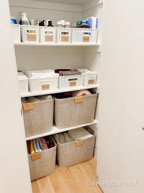 100 Linen Closet Organization Ideas » Lady Decluttered Organize Bed Sheets, Linen Closet Organization Hallway, Hall Closet Organization, Linen Closet Design, Linen Closet Organization Ideas, Closet Organization Solutions, Small Linen Closets, Deep Closet, Linen Closet Storage