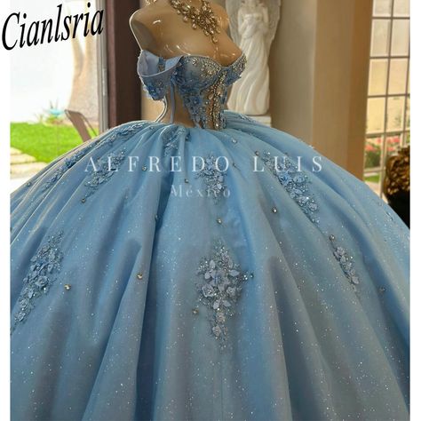 Light Blue Illusion Beading Crystal Quinceanera Dresses Ball Gown Off The Shoulder Appliques Lace 15 Birthday Party, Sweet 15 Birthday, Blue Ball Gown, Off Shoulder Evening Dress, Blue Ball Gowns, Blue Ball, Dresses Ball Gown, Sweet 15, 15th Birthday