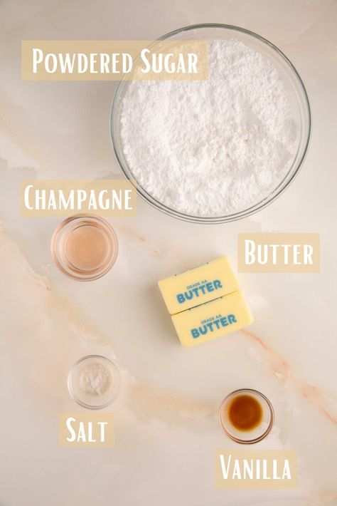 This Champagne Buttercream Frosting is a simple champagne frosting that uses 5 ingredients and can be made in 15 minutes! Champagne Ganache Recipe, Champagne Frosting, Champagne Frosting Recipe, Champagne Buttercream Frosting, Champagne Buttercream, Champagne Cake Filling, Wine Buttercream Frosting, Strawberry Champagne Cake Recipe, Champagne Cupcakes From Scratch