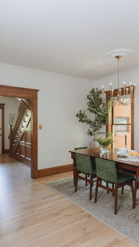 Julian Street - Victorian - Dining Room - Denver - by J Reiko Design + Co. | Houzz Green Dining Chairs Wood Table, Light Walls With Dark Trim, White Upholstered Chair, Dark Wood Trim, Dark Wood Dining Table, Dark Dining Room, White Oak Flooring, Green Chairs, Dining Room Victorian