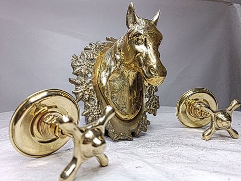 Vintage Brass Horse Faucet With Two Brass Handles Rustic and Unique Bathroom or Kitchen Fixture - Etsy Canada Unique Faucets Kitchen, Regencycore Decor, Unique Bathroom Faucets, Brass Faucets, Faucets Bathroom, Barn Apartment, Kitchen Fixture, Copper Handles, Equestrian Decor