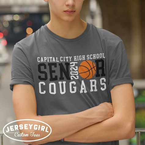 "Create your own senior basketball night shirts with our custom basketball senior shirt! Customize the front of your basketball senior shirt with your basketball team name and school. Personalize the back of your basketball senior shirt with your basketball player's name and number. Choose your design colors to match your school colors, or customize however you choose! Enter your personalization under \"personalization.\"  Front: enter the school name or your own custom text (top line). Enter th Senior Basketball Night, Night Basketball, Basketball Senior Night, Fort Drum, Senior Shirts, Custom Basketball, Senior Night, School Tops, Basketball Shirts