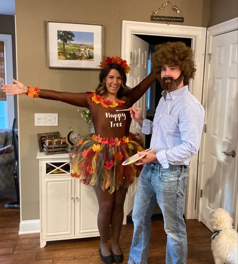 Diy Bob Ross Couple Costume, 70s Costumes Couple, Bob Ross Couples Halloween Costume, Bob Ross And Tree Costume, Bob Ross Halloween Costume Couple, Bob Ross Happy Tree Costume, Lumberjack And Tree Couples Costume, Iconic Halloween Costumes Couples Funny, Old People Halloween Costumes Couples