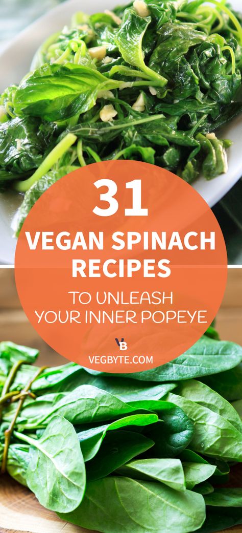 Fancy delicious spinach meals you can make right at home? Check out this collection of 31 vegan spinach recipes!  #vegbyte #veganspinachrecipes #healthyveganspinachrecipes #veganspinachsalad #vegandietrecipes #veganfood #spinachrecipes #spinach Fresh Spinach Recipes Vegan, Vegan Meals With Spinach, Vegan Spinach Recipes Dinners, Frozen Spinach Recipes Vegan, Spinach Dinner Recipes Vegetarian, Plant Based Spinach Recipes, Vegetarian Recipes With Spinach, Spinach Dishes Healthy, Spinach Meal Ideas