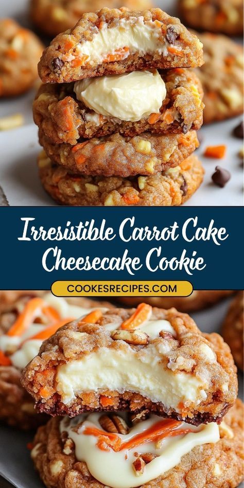 These Irresistible Carrot Cake Cheesecake Cookies are a delightful combination of the warm spices of carrot cake and the creamy richness of cheesecake, all in one delicious cookie. Perfect for any occasion, these cookies are sure to be a hit! New Baking Recipes, New Cookies Ideas, Carrot Cake Cheesecake Cookies, Cookie Cakes Ideas, Unique Cookie Ideas, Unique Cookies Recipes, Healthy Cookie Bars, Carrot Dessert Recipes, Unique Baking Recipes