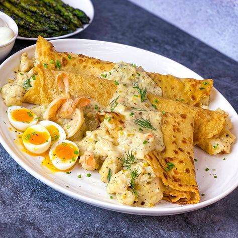 Seafood Crepes Seafood Crepes Recipe, Seafood Crepes, Recipe Crepes, Best Crepe Recipe, Mixed Seafood Recipe, Seafood Pancake, Lobster Recipe, Mennonite Girls Can Cook, Homemade Crepes