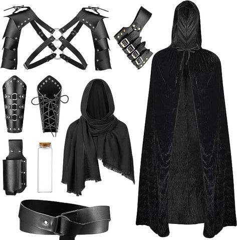 Amazon.com: PLULON 9Pcs Medieval Knight Costume Men Hooded Cloak Retro Shawl PU Leather Belt Shoulder Armor Buckle Bracers Sword Frog Bottle Holder Cork Bottle Renaissance Accessories for Halloween Cosplay Party : Clothing, Shoes & Jewelry Medieval Knight Costume, Costume Chevalier, Dark Fairy Costume, Eva Foam Armor, Knight Halloween, Costume Viking, Medieval Cosplay, Knight Costume, Viking Costume