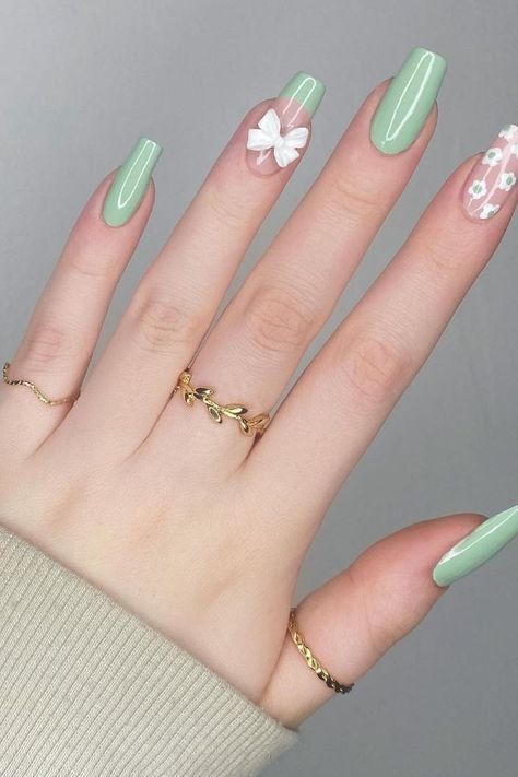 Green And White Nail Art Designs, Acrylic Nail Designs Light Green, Green White Nails Art Designs, Light Green Nails With Design, White And Light Green Nails, Green And White Nails Ideas, Sage Green Coffin Nails, Green Bow Nails, Light Green Nails With Flowers