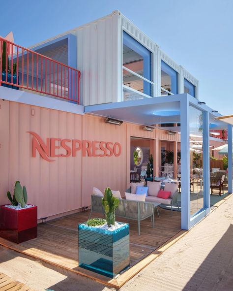 Nespresso Plage Californian Dream Pop-Up Installation, Cannes France. Shipping Container Store, Shipping Container Design, Pop Up Cafe, Container Restaurant, Container Cafe, Outdoor Restaurant Design, Container Bar, Pop Up Restaurant, Pop Up Bar