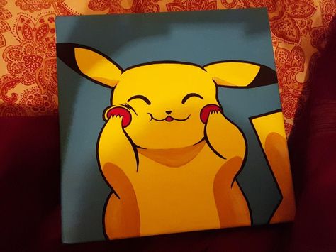 Pikachu Acrylic Painting, Gaming Painting Ideas, Pokemon Acrylic Painting, Pokemon Painting Ideas, Pikachu Canvas Painting, Pokémon Canvas, Pokemon Canvas Painting, Simple Cartoon Paintings, Cartoon Acrylic Painting