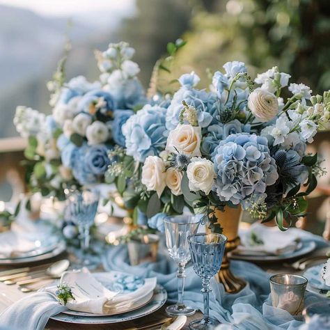 3+ Dusty Blue Wedding Theme Inspirations and Ideas • 333+ Art Images Dusty Blue Wedding Theme Table Settings Centerpieces, Dusty Blue And Gold Wedding Decorations, Dusty Blue Wedding Theme Centerpieces, Dusty Blue And Gold Wedding Theme, Baby Blue And Gold Wedding, Dusty Rose And Dusty Blue Wedding, Shades Of Blue Wedding Theme, Dusty Blue Wedding Theme Table Settings, Blue And Gold Table Setting