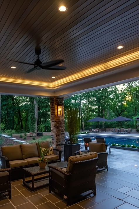 Illuminate Your Patio: Lighting Ideas to Enhance Ambiance and Extend Outdoor Enjoyment - Quiet Minimal Cabana Lighting Ideas, Led Patio Lighting Ideas, Back Porch Lighting Ideas Covered Decks, Screened Porch Lighting Ideas, Patio Cover Lighting Ideas, Under Deck Lighting Ideas, Outdoor Strip Lighting Ideas, Covered Deck Lighting Ideas, Covered Deck Ceiling Ideas