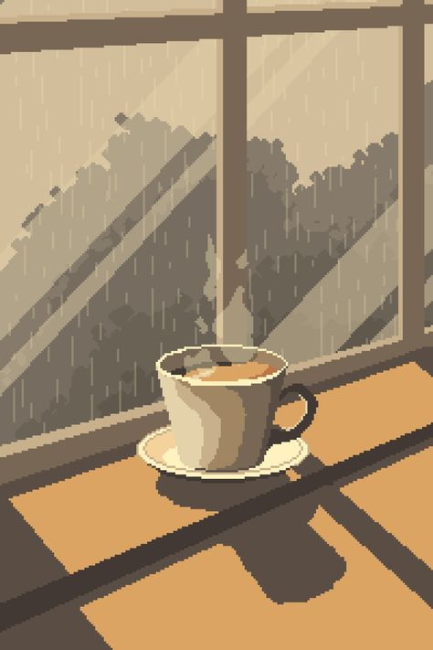 Animated pixel art coffee in rainy weather #pixelart #coffee #rain #window #woody #aseprite #animated Rain Window Illustration, Windows Pixel Art, Pixel Coffee Shop, Coffee Shop Pixel Art, Rainy Coffee Shop Aesthetic, Rain Pixel Art, Brown Pixel Art, Window Pixel Art, Lofi Pixel Art