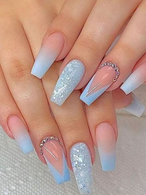 Baby Blue Acrylic Nails, Blue Glitter Nails, Light Blue Nails, Baby Blue Nails, Blue Acrylic Nails, Coffin Nails Long, Summer Acrylic Nails, Nagel Inspo, Nail Designs Glitter